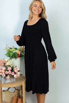 Women's White Birch Long Sleeve Solid Black Smocking Below Knee Dress XL NEW - Image 1 of 4
