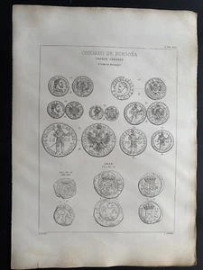 Numismatic Engraved Plate, 1870, CONDADO DE BURGONA, FRANCO CONDADO, 9 x 12" - Picture 1 of 5