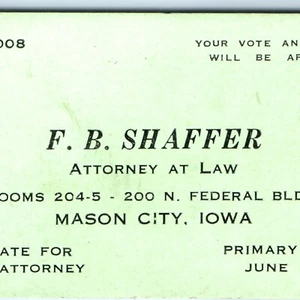 Tarjeta de visita de abogado Mason City IA F 1934 Shaffer campaña electoral del condado C48 - Imagen 1 de 4