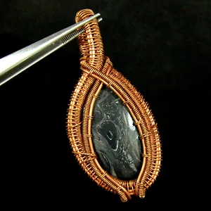 Black Jasper oval Cabochon Copper Wire Wrap Pendant Elegant Handcrafted Jewelry - Picture 1 of 7