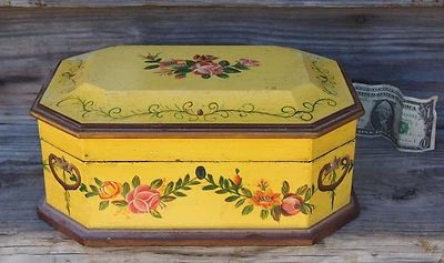  Roses Memory Keepsake Tea Box Painted and Made to Look Old Yellow Shabby Rustic - Image 1 of 4