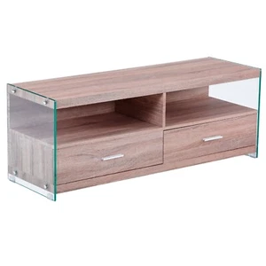 Modulo bajo TV comedor moderno mueble salon, color roble y cristal, Evan - Imagen 1 de 4