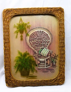 VTG 70's Boho MCM Peacock Wicker Rattan Chair w/Plants Framed Picture Box! - Picture 1 of 14