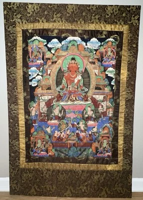 Antique Hand-Painted Amitayus Green Tara Thangka – Tibetan Buddhist Art– 3ft 4in - Image 1 of 4