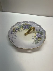 Antique Porcelain Dresser Vanity Tray Hand Painted Flowers Gold Plated Handle 7” - Picture 1 of 7