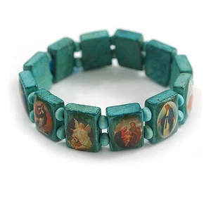 Bracciale Elasticizzato Santi in Legno Teal / Bracciale Gesù / Bracciale Tutti i Santi - Up - Foto 1 di 6