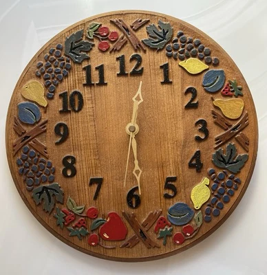 Wooden Wall Clock Round Fruits  Decor Hand Painted Gold Hardware Works Rustic - Image 1 of 4