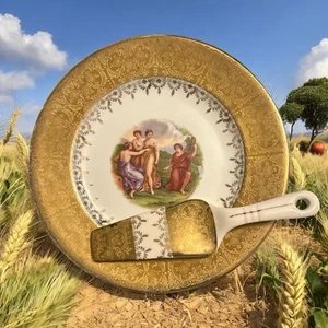 Signed Angelica Kauffman Cake Plate & Server 22 Kt Gold Warranted Superior China - Picture 1 of 14