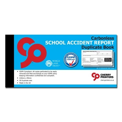 CHERRY PRINTERS Cherry NCR School Accident Report GDPR Duplicate Book 99mm x 210mm 50 Sets