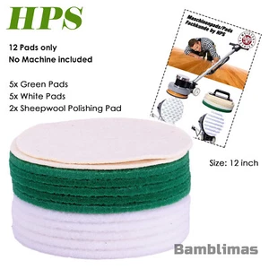 12 Zoll Maschinenpad-Set, 12 Stück 5 GRÜN 5 WEISSE Pads und 2 SCHAFWOLLE Polierpad - Bild 1 von 9