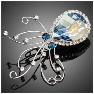 Made With Austrian Crystals Silver & Blue Squid Octopus Brooch D14 - Picture 1 of 2