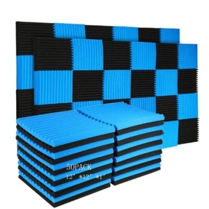50 Acoustic Soundproof Foam Panels for Studio Walls - 1' x 1' - Black/Blue - Picture 1 of 8