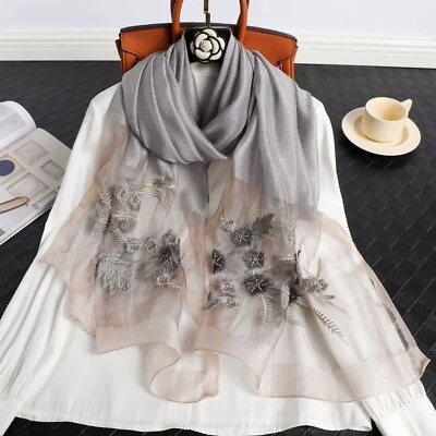 Bufanda de lana de seda ligera Jeelow chal envoltura mujer bordado perlas cuentas Foto 1 de 4