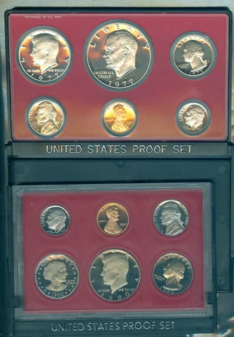 US 4 Mint Proof Sets 1977, 1980, 1982, 1983 Original boxes Cover