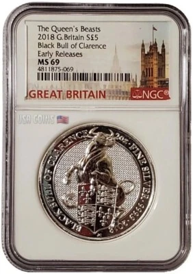 2018 £5 Great Britain Queen Beast BLACK BULL NGC MS69 ER 2 Oz Silver Coin. - Image 1 of 4