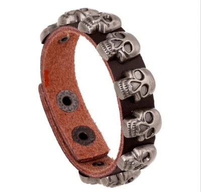 HOMBRE/Mujer Punk Esqueleto Calavera Cuero Genuino Pulsera/Pulsera de Cuero 7.3-8 Foto 1 de 4