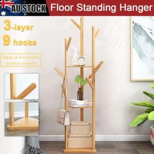 Sturdy Natural Bamboo Tree Garment Clothes Coat Hat Hanger Stand Rack w/ Shelves - Picture 1 of 12