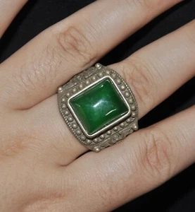 China Dynasty palace Tibetan silver inlay green Gem wealth bat Jewelry Ring - Picture 1 of 4