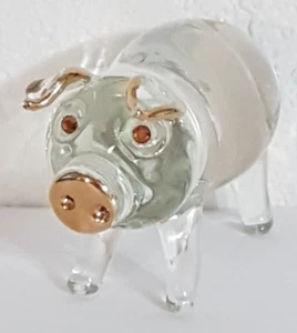 Vtg Crystal Art Glass Pig Piggy Figurine Gold Tone Accent Ears, Eyes Snout Small - Picture 1 of 7