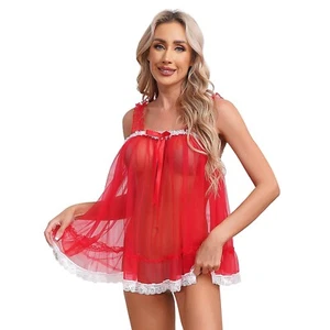 #XXL Lencería Mujeres Babydoll Malla Transparente Camisón Encaje Ribete Camisola Prendas para el torso sin cordones - Imagen 1 de 7