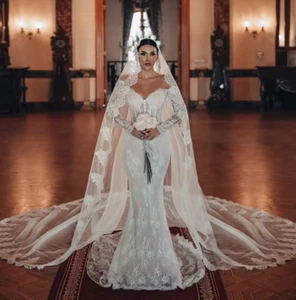 Luxury Off The Shoulder Mermaid Wedding Dress with Veil  Long Sleeve See Through - Picture 1 of 13