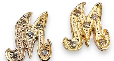 Solid 14k Yellow Gold Initial Letter M Diamond Stud Post Earrings - Image 1 of 4
