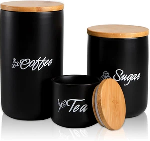 Set of 3 Black Kitchen Canisters, Ceramic Coffee Sugar Tea Canisters Cylinder Se - Picture 1 of 6