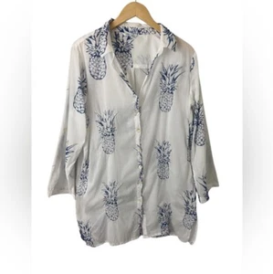 Blue Island Pineapple Print Embroidered Shirt Dress Beach Cover Up Coastal Sz L - Picture 1 of 12