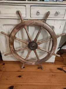 Messing Schiff Boot Vintage Maritim 36" Lenkrad alt verwittert Holzschiff - Bild 1 von 5