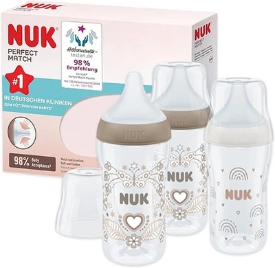 NUK Perfect Match 3er Flaschenset 260ml – Regenbogen & Herz - Bild 1 von 4