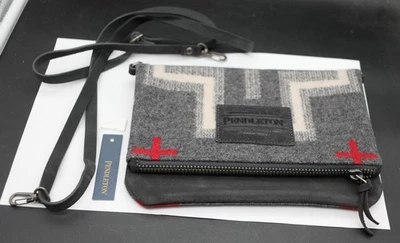 Pendleton San Miguel Crossbody Grey Wool & Leather Fold Over Handbag Red Crosses - Image 1 of 4