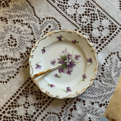Vintage Occupied Japan Rossetti SPRING VIOLETS Round Serving Dish With Handle 6" - Image 1 of 4