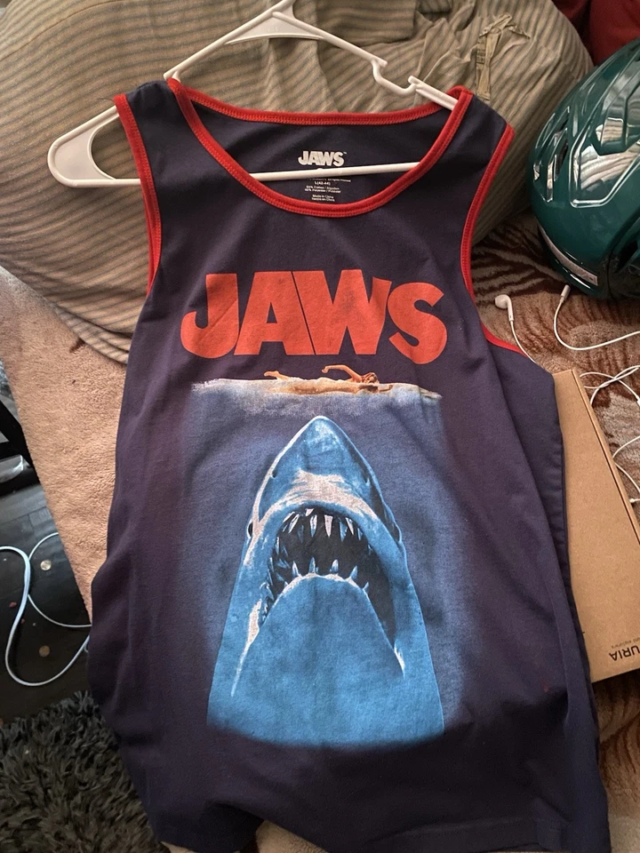 Jaws Tank Top Men's Large Navy Blue Red Trim Universal Studios Shark Graphic - Image 1 of 1