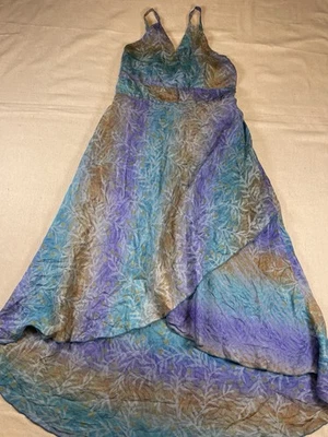 Maxi Vestido de Seda Azul Geométrico Espagueti Talla Grande Boho Batik Usable Arte Foto 1 de 4