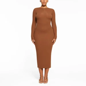 SKIMS Fits Everybody Crew Neck Long Sleeve Snatched Dress Bronze Brown Size L - Picture 1 of 8