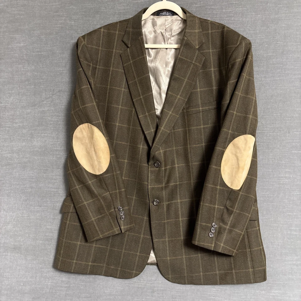 Austin Leeds Sport Coat 48R Wool Cashmere Brown Windowpane Elbow Patches Blazer - Image 1 of 4