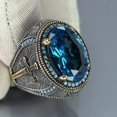 Aquamarine & Turquoise 925 Sterling Silver Men’s Ring, Sword Side Design - Image 1 of 4