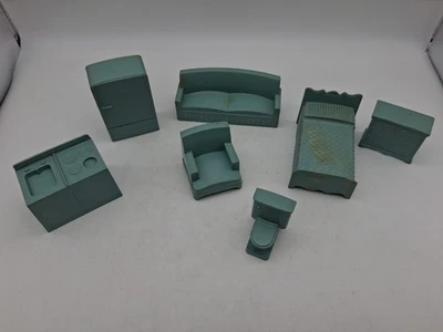 Lote de 7 muebles de plástico vintage para casa de muñecas MARX azul/verde azulado/turquesa Foto 1 de 4