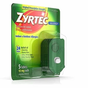 Zyrtec Cetirizine HCI 10mg Antihistamine 24HR Fast Allergy Relief 5ct Pack of 12 - Picture 1 of 4