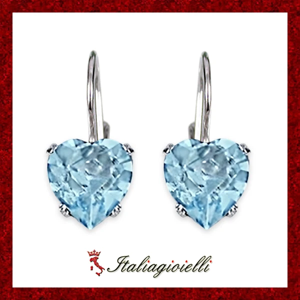 Orecchini Cuore Brillanti con Acquamarina in Argento 925 Rodiato Oro Bianco - Immagine 1 di 4