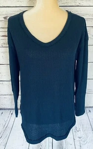 Vintage America Damen kleiner Pullover leichter Waffelstrick blau V-Ausschnitt weich  - Bild 1 von 9