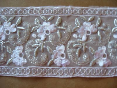 9 1/2 YD  WHITE FLORAL RAYON AND  SILVER METALLIC EMBROIDERED WHITE ORGANZA TRIM - Image 1 of 3