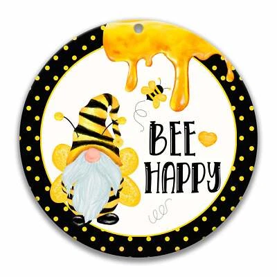 Letrero de verano con corona de metal redonda Bee Happy Gnome, miel, puerta de granja, X-SUM001 Foto 1 de 4