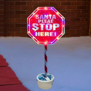 Battery LED Santa Stop Here LighT Up Sign Post 45 LED Christmas Decor 65cm - Picture 1 of 3
