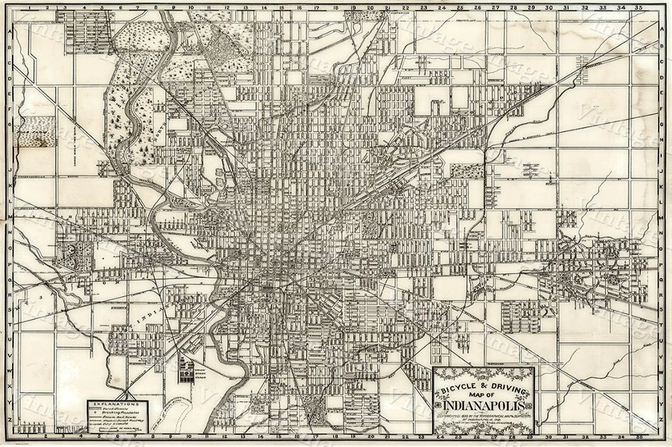 1899 Historic Indianapolis Indiana biking driving street Map print wall art  - Image 1 of 1