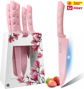 Kitchen Knife Set with Knife Block, Sharp,Non-stick, Cooking Pink Set x 5 Knives - Picture 1 of 11
