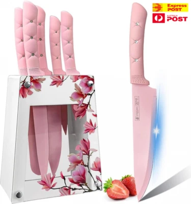 Kitchen Knife Set with Knife Block, Sharp,Non-stick, Cooking Pink Set x 5 Knives - image 1 of 4