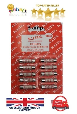 KLITE 10x 3amp Domestic Fuses Plug Top Household Mains 3a Cartridge Fuse HIGH QUALITY