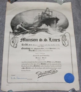 VINTAGE 1936 MUNSON SS LINES WESTERN WORLD "ORDER OF THE TRIDENT" CERTIFICATE - Picture 1 of 3