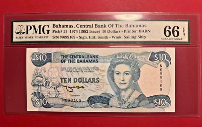Bahamas 10 Dollars 1974 (1992 Issue ) Pick #53,central bank of bahamas ,  PMG 66 - Image 1 of 2
